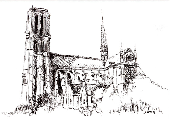 Notre Dame Cathedral, Pen and Ink Drawing From France